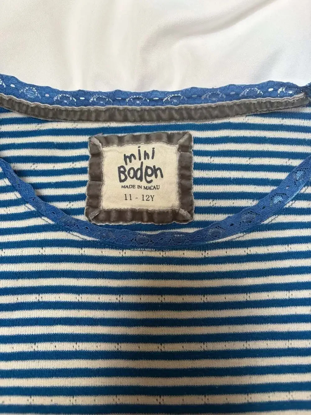 Mini Boden Girls Long Sleeve Striped Crewneck Shirt with Lace Trim, Size 11-12Y